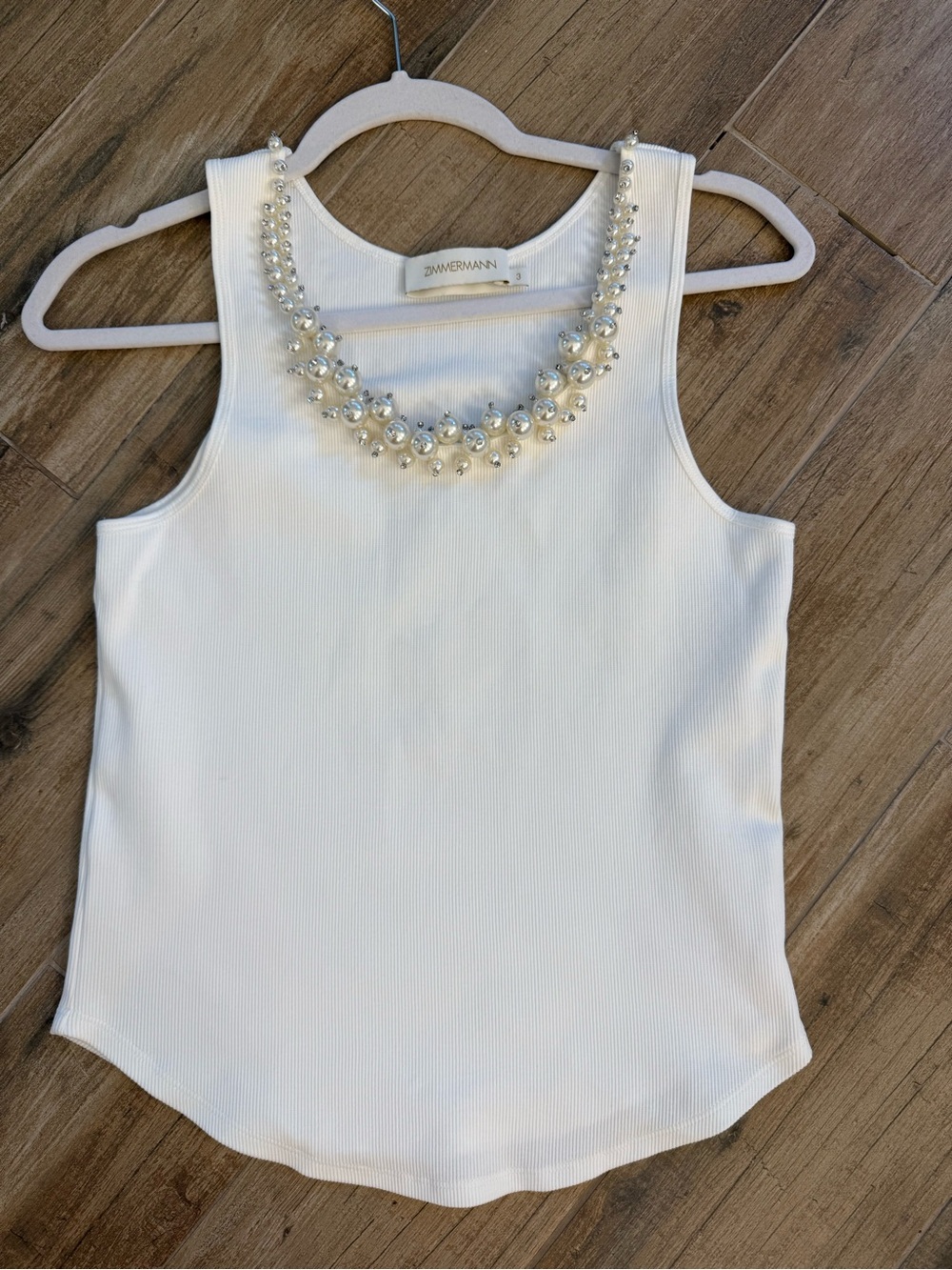 Zimmermann white Ribbed Tank with Pearl & Crystal Neckline S-M